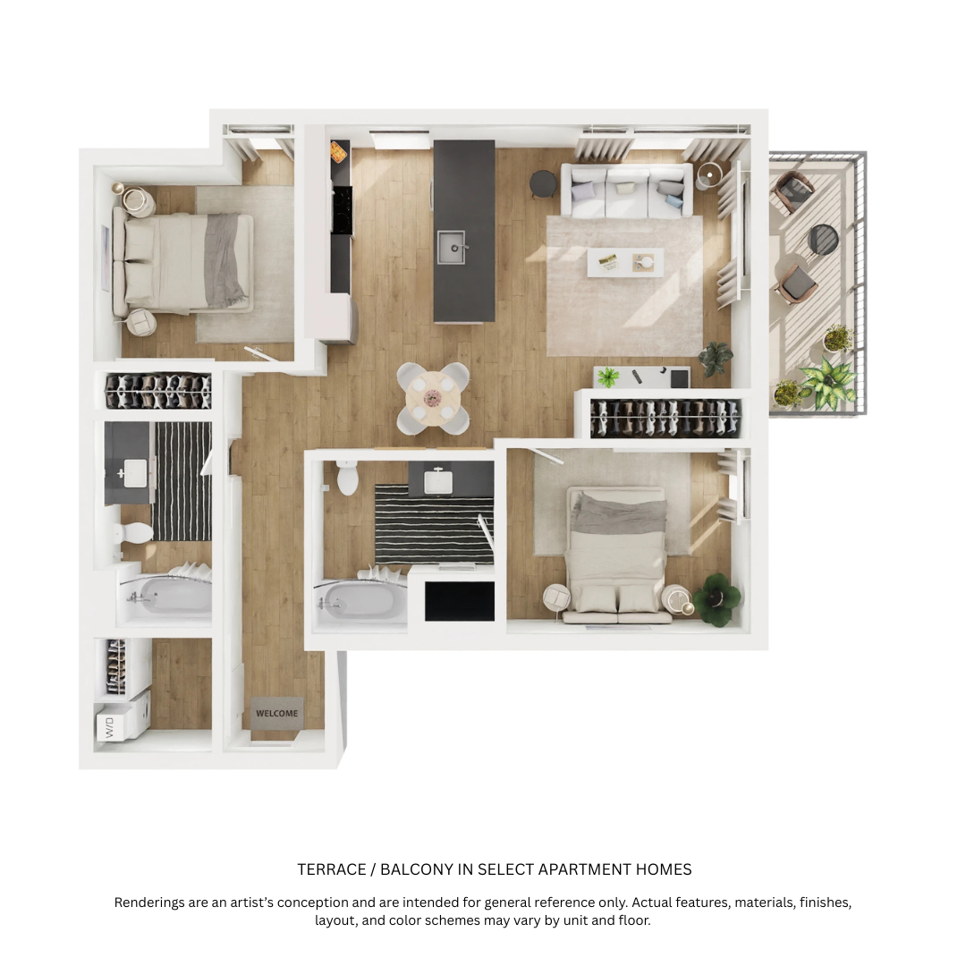 Floor plan for 2 beds, 2 baths, 938 sqft